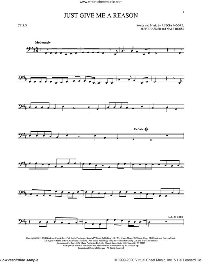 Just Give Me A Reason (feat. Nate Ruess) sheet music for cello solo by Jeff Bhasker, Miscellaneous, Alecia Moore and Nate Ruess, intermediate skill level