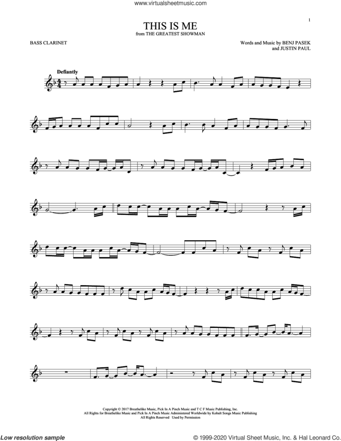 This Is Me (from The Greatest Showman) sheet music for Bass Clarinet Solo (clarinetto basso) by Pasek & Paul, Benj Pasek and Justin Paul, intermediate skill level
