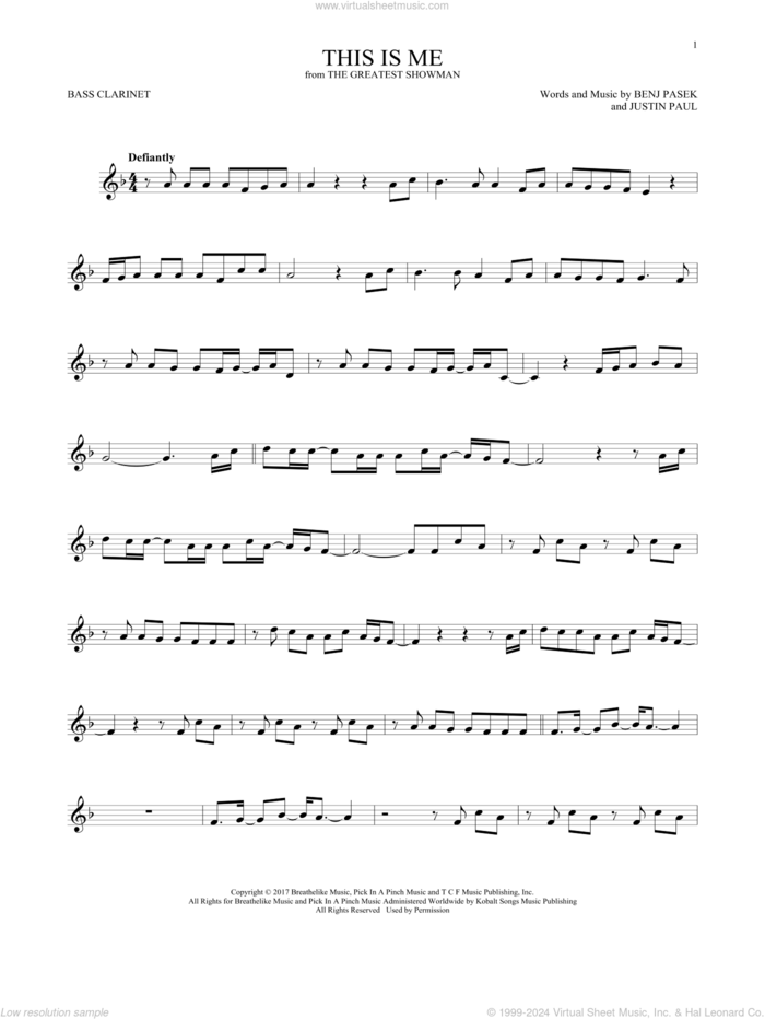 This Is Me (from The Greatest Showman) sheet music for Bass Clarinet Solo (clarinetto basso) by Pasek & Paul, Benj Pasek and Justin Paul, intermediate skill level