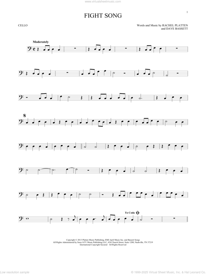 Fight Song sheet music for cello solo by Rachel Platten and Dave Bassett, intermediate skill level
