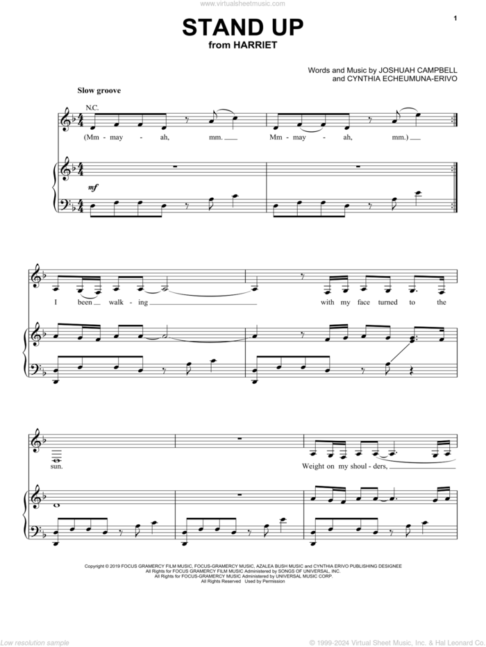 Stand Up (from Harriet) sheet music for voice, piano or guitar by Cynthia Erivo, Cynthia Echeumuna-Erivo and Joshuah Campbell, intermediate skill level