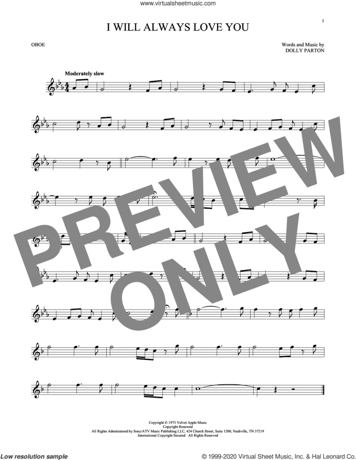 I Will Always Love You sheet music for oboe solo by Whitney Houston and Dolly Parton, wedding score, intermediate skill level