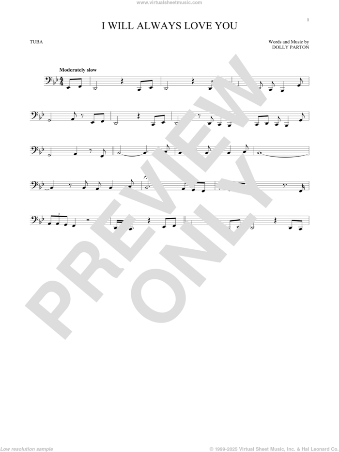 I Will Always Love You sheet music for Tuba Solo (tuba) by Whitney Houston and Dolly Parton, wedding score, intermediate skill level