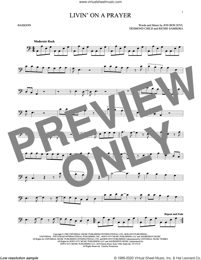 Livin' On A Prayer sheet music for Bassoon Solo by Bon Jovi, Desmond Child and Richie Sambora, intermediate skill level