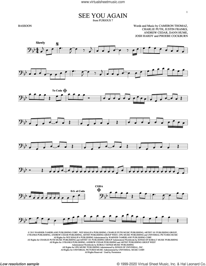 See You Again (feat. Charlie Puth) sheet music for Bassoon Solo by Wiz Khalifa, Andrew Cedar, Cameron Thomaz, Charlie Puth and Justin Franks, intermediate skill level