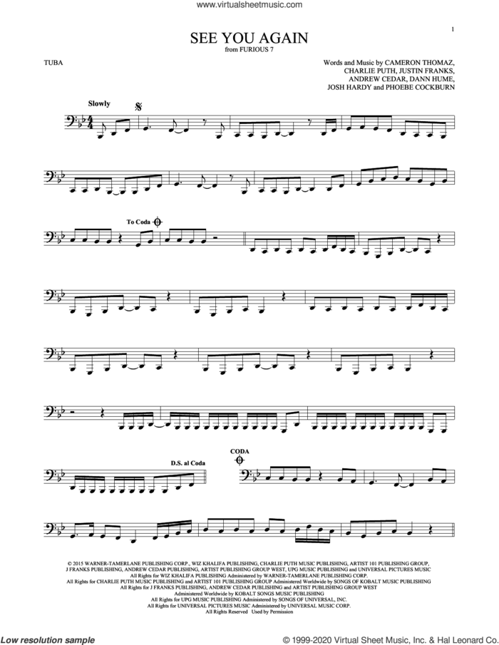 See You Again (feat. Charlie Puth) sheet music for Tuba Solo (tuba) by Wiz Khalifa, Andrew Cedar, Cameron Thomaz, Charlie Puth and Justin Franks, intermediate skill level