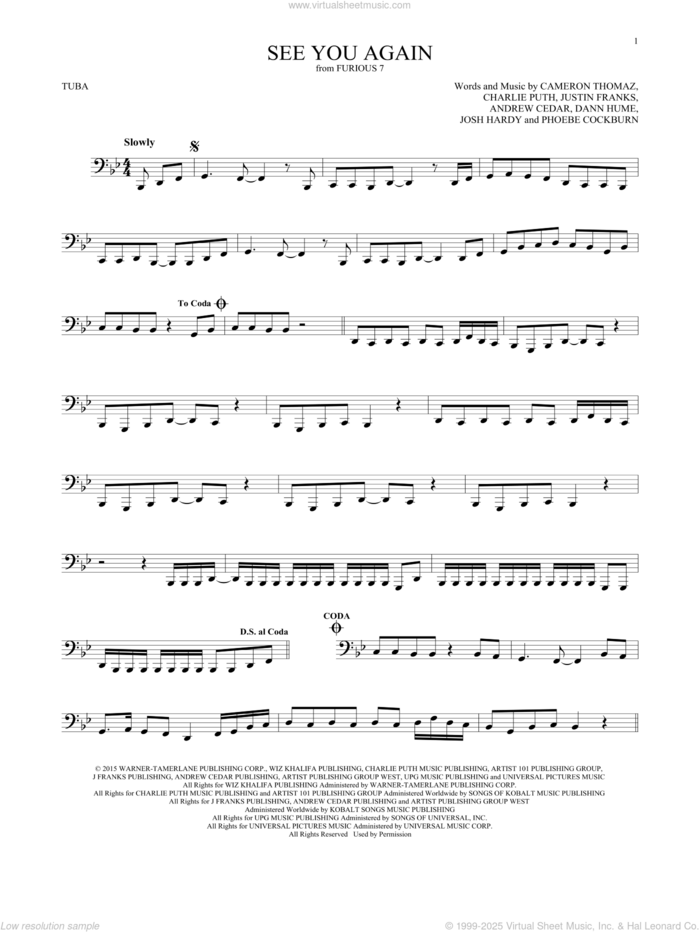 See You Again (feat. Charlie Puth) sheet music for Tuba Solo (tuba) by Wiz Khalifa, Andrew Cedar, Cameron Thomaz, Charlie Puth and Justin Franks, intermediate skill level