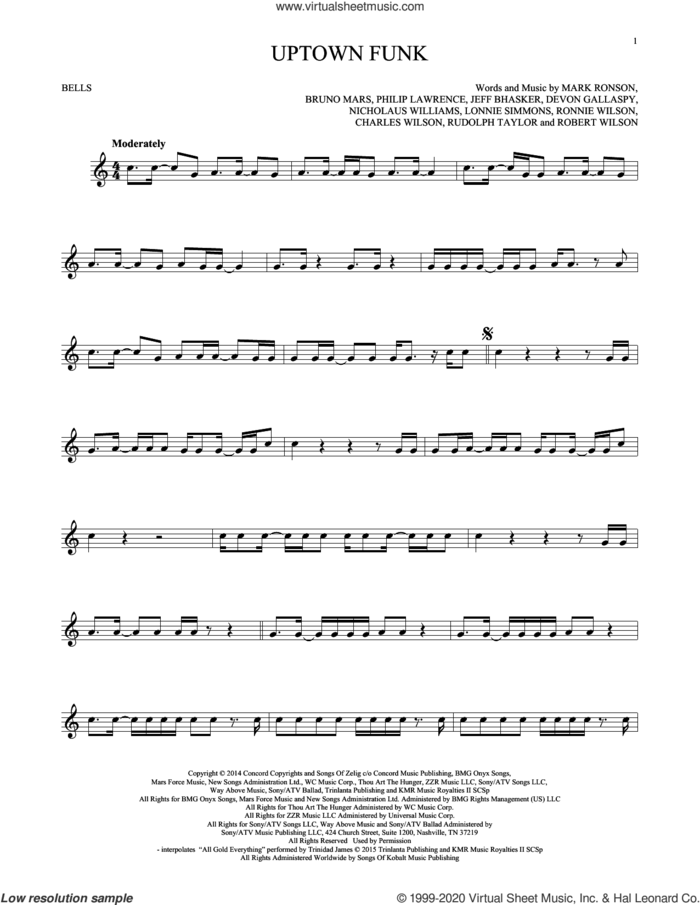 Uptown Funk (feat. Bruno Mars) sheet music for Hand Bells Solo (bell solo) by Mark Ronson, Bruno Mars, Charles Wilson, Devon Gallaspy, Jeff Bhasker, Lonnie Simmons, Nicholaus Williams, Philip Lawrence, Robert Wilson, Ronnie Wilson and Rudolph Taylor, intermediate Hand Bells Solo (bell)