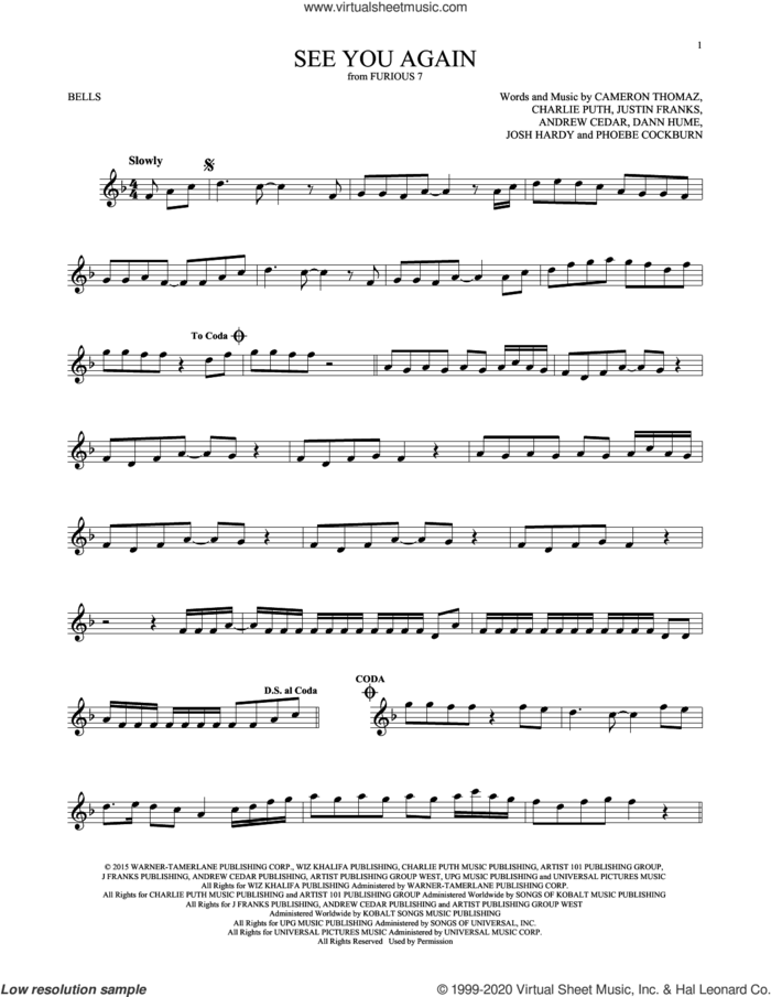 See You Again (feat. Charlie Puth) sheet music for Hand Bells Solo (bell solo) by Wiz Khalifa, Andrew Cedar, Cameron Thomaz, Charlie Puth and Justin Franks, intermediate Hand Bells Solo (bell)