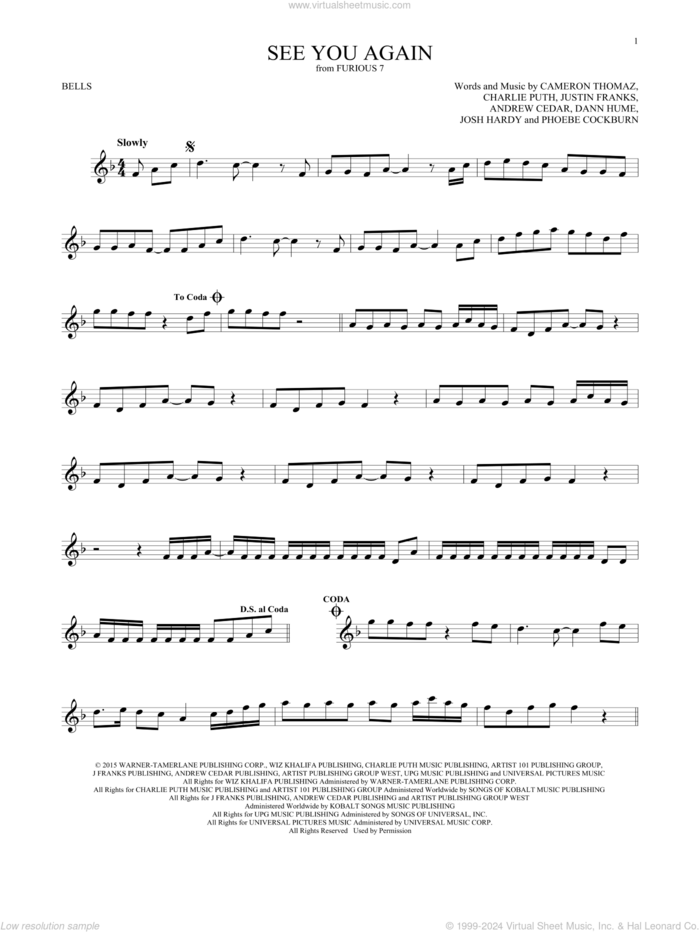 See You Again (feat. Charlie Puth) sheet music for Hand Bells Solo (bell solo) by Wiz Khalifa, Andrew Cedar, Cameron Thomaz, Charlie Puth and Justin Franks, intermediate Hand Bells Solo (bell)