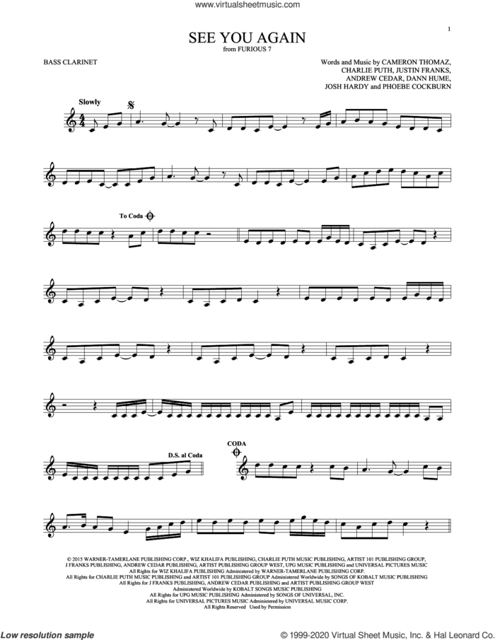 See You Again (feat. Charlie Puth) sheet music for Bass Clarinet Solo (clarinetto basso) by Wiz Khalifa, Andrew Cedar, Cameron Thomaz, Charlie Puth and Justin Franks, intermediate skill level
