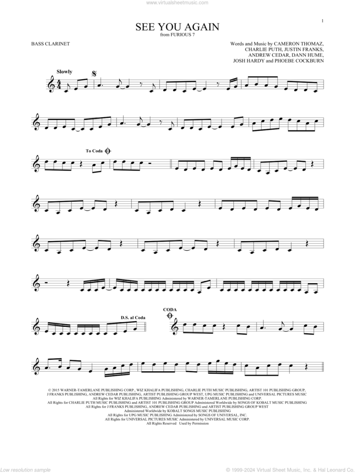 See You Again (feat. Charlie Puth) sheet music for Bass Clarinet Solo (clarinetto basso) by Wiz Khalifa, Andrew Cedar, Cameron Thomaz, Charlie Puth and Justin Franks, intermediate skill level