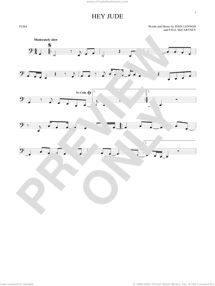 Hey Jude sheet music for Tuba Solo (tuba) by The Beatles, John Lennon and Paul McCartney, intermediate skill level