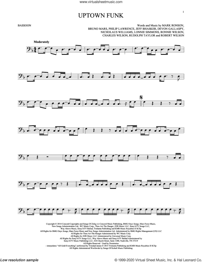 Uptown Funk (feat. Bruno Mars) sheet music for Bassoon Solo by Mark Ronson, Bruno Mars, Charles Wilson, Devon Gallaspy, Jeff Bhasker, Lonnie Simmons, Nicholaus Williams, Philip Lawrence, Robert Wilson, Ronnie Wilson and Rudolph Taylor, intermediate skill level