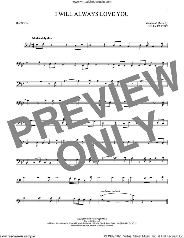 I Will Always Love You sheet music for Bassoon Solo by Whitney Houston and Dolly Parton, wedding score, intermediate skill level