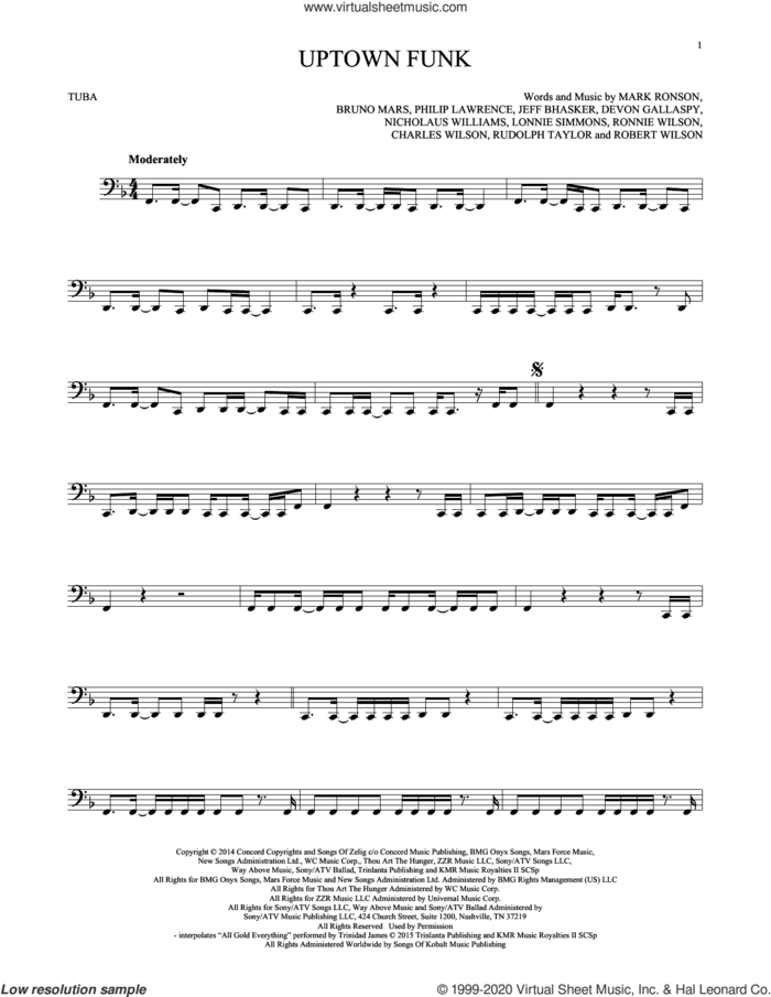 Uptown Funk (feat. Bruno Mars) sheet music for Tuba Solo (tuba) by Mark Ronson, Bruno Mars, Charles Wilson, Devon Gallaspy, Jeff Bhasker, Lonnie Simmons, Nicholaus Williams, Philip Lawrence, Robert Wilson, Ronnie Wilson and Rudolph Taylor, intermediate skill level