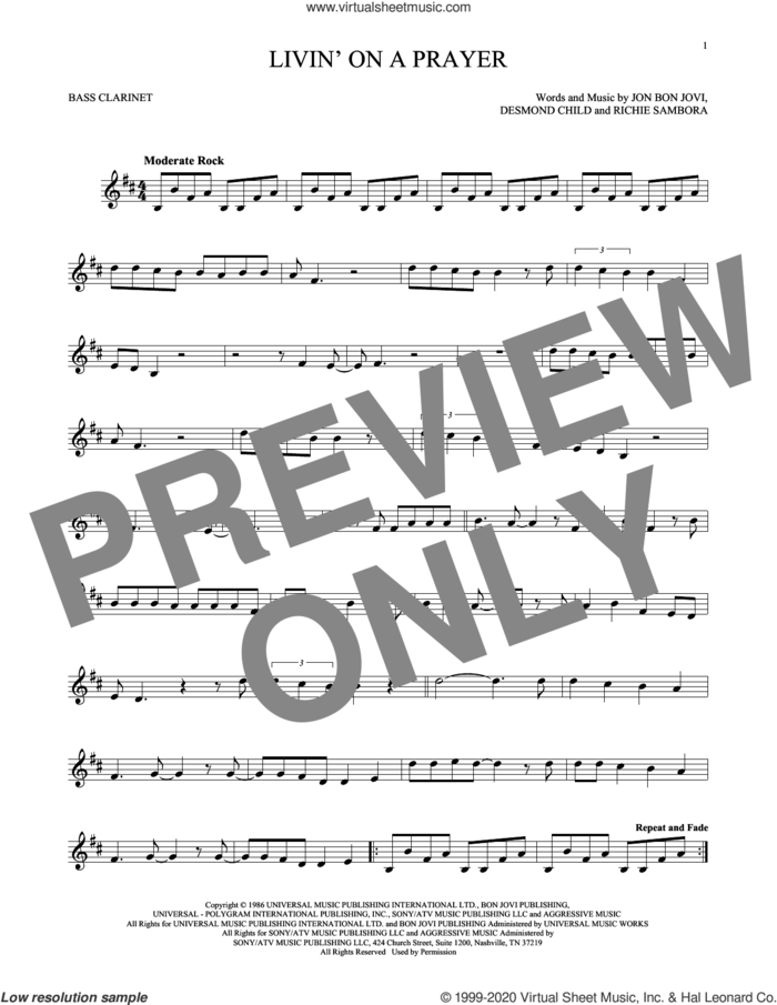 Livin' On A Prayer sheet music for Bass Clarinet Solo (clarinetto basso) by Bon Jovi, Desmond Child and Richie Sambora, intermediate skill level