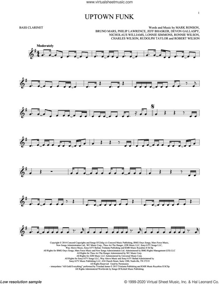 Uptown Funk (feat. Bruno Mars) sheet music for Bass Clarinet Solo (clarinetto basso) by Mark Ronson, Bruno Mars, Charles Wilson, Devon Gallaspy, Jeff Bhasker, Lonnie Simmons, Nicholaus Williams, Philip Lawrence, Robert Wilson, Ronnie Wilson and Rudolph Taylor, intermediate skill level