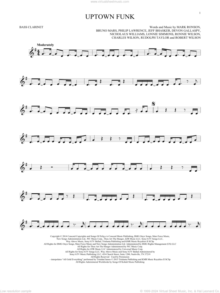 Uptown Funk (feat. Bruno Mars) sheet music for Bass Clarinet Solo (clarinetto basso) by Mark Ronson, Bruno Mars, Charles Wilson, Devon Gallaspy, Jeff Bhasker, Lonnie Simmons, Nicholaus Williams, Philip Lawrence, Robert Wilson, Ronnie Wilson and Rudolph Taylor, intermediate skill level