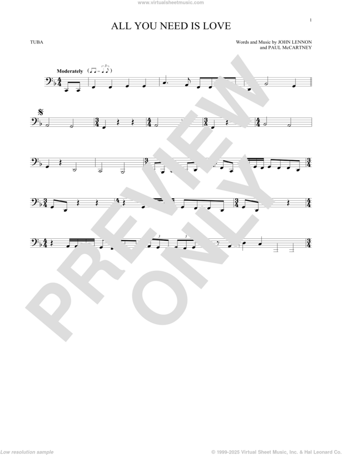 All You Need Is Love sheet music for Tuba Solo (tuba) by The Beatles, John Lennon and Paul McCartney, wedding score, intermediate skill level