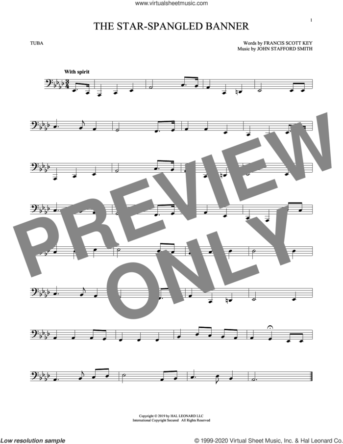 The Star-Spangled Banner sheet music for Tuba Solo (tuba) by John Stafford Smith and Francis Scott Key, intermediate skill level