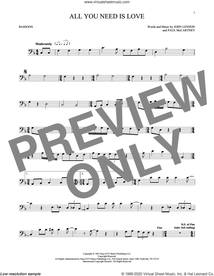 All You Need Is Love sheet music for Bassoon Solo by The Beatles, John Lennon and Paul McCartney, wedding score, intermediate skill level