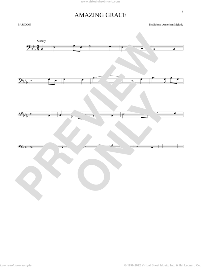Amazing Grace sheet music for Bassoon Solo by John Newton, Edwin O. Excell and Miscellaneous, wedding score, intermediate skill level
