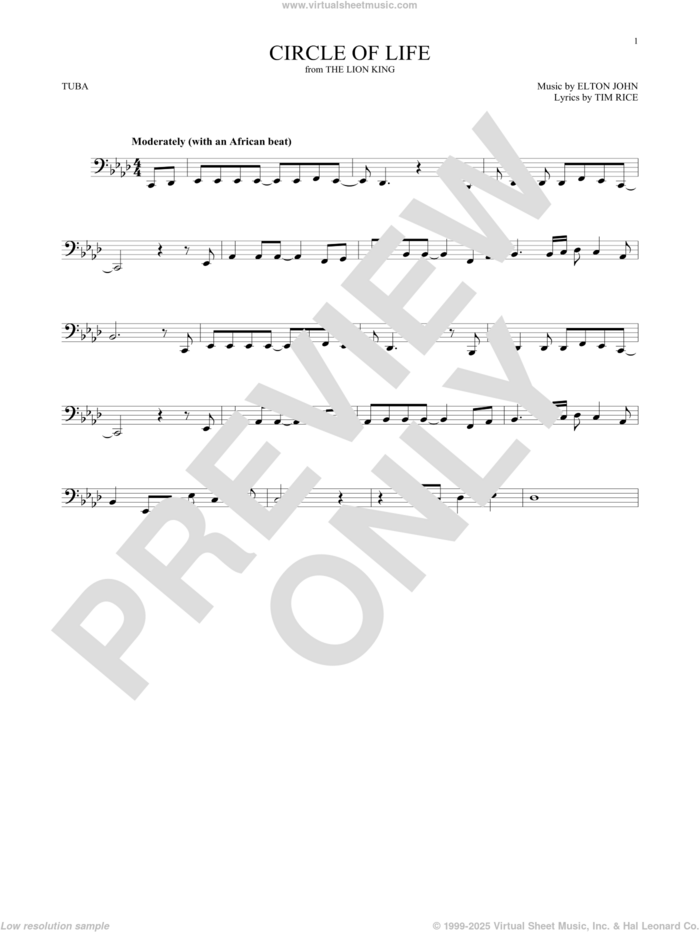 Circle Of Life (from The Lion King) sheet music for Tuba Solo (tuba) by Elton John and Tim Rice, intermediate skill level