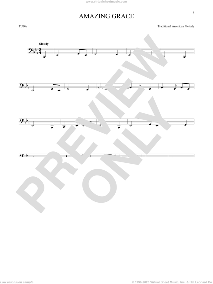 Amazing Grace sheet music for Tuba Solo (tuba) by John Newton, Edwin O. Excell and Miscellaneous, wedding score, intermediate skill level