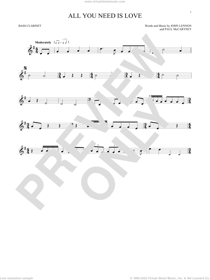 All You Need Is Love sheet music for Bass Clarinet Solo (clarinetto basso) by The Beatles, John Lennon and Paul McCartney, wedding score, intermediate skill level