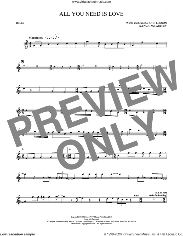All You Need Is Love sheet music for Hand Bells Solo (bell solo) by The Beatles, John Lennon and Paul McCartney, wedding score, intermediate Hand Bells Solo (bell)
