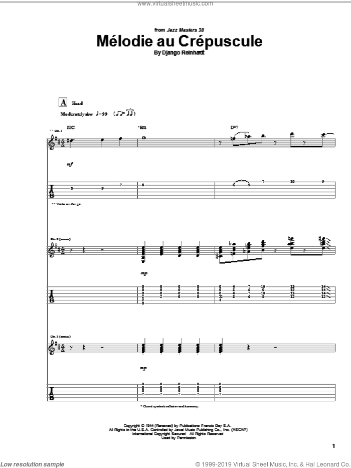 Melodie Au Crepuscule sheet music for guitar (tablature) by Django Reinhardt, intermediate skill level