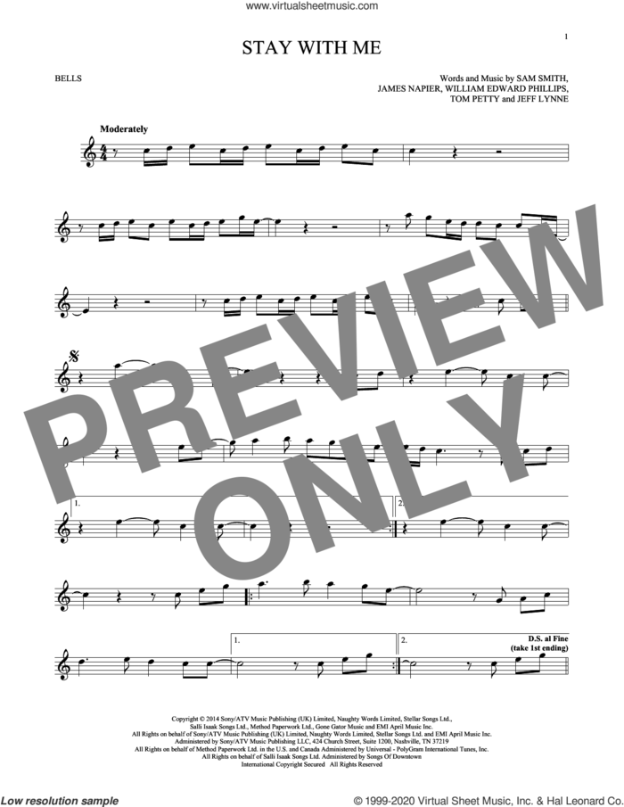 Stay With Me sheet music for Hand Bells Solo (bell solo) by Sam Smith, James Napier, Jeff Lynne, Tom Petty and William Edward Phillips, intermediate Hand Bells Solo (bell)