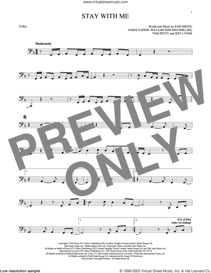 Stay With Me sheet music for Tuba Solo (tuba) by Sam Smith, James Napier, Jeff Lynne, Tom Petty and William Edward Phillips, intermediate skill level