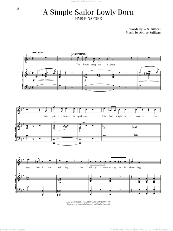 Simple Sailor, Lowly Born (from HMS Pinafore) sheet music for voice and piano by Arthur Sullivan, Gilbert & Sullivan and William S. Gilbert, classical score, intermediate skill level