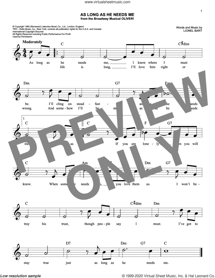 As Long As He Needs Me (from the musical Oliver!) sheet music for voice and other instruments (fake book) by Lionel Bart, easy skill level