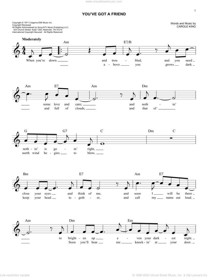 You've Got A Friend sheet music for voice and other instruments (fake book) by James Taylor and Carole King, intermediate skill level