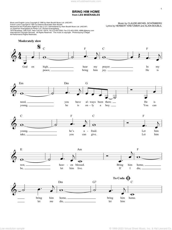 Bring Him Home (from Les Miserables) sheet music for voice and other instruments (fake book) by Alain Boublil, Boublil & Schonberg, Claude-Michel Schonberg and Herbert Kretzmer, easy skill level