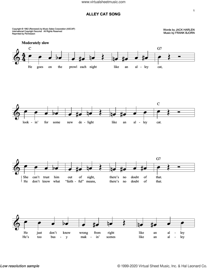 Alley Cat Song sheet music for voice and other instruments (fake book) by Frank Bjorn and Jack Harlen, easy skill level