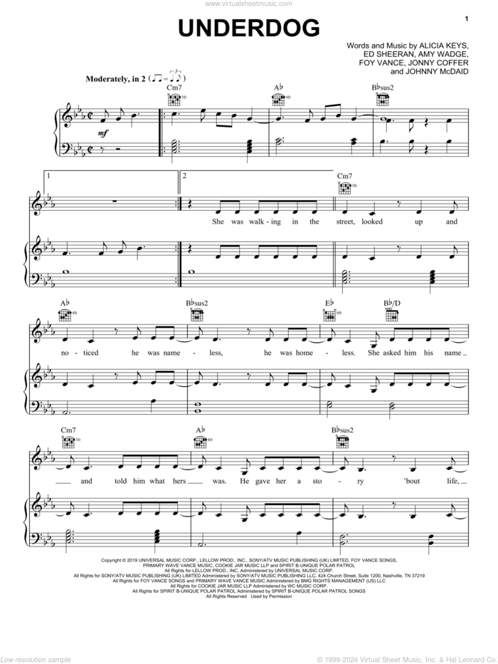 Underdog sheet music for voice, piano or guitar by Alicia Keys, Amy Wadge, Ed Sheeran, Foy Vance, Johnny McDaid and Jonny Coffer, intermediate skill level