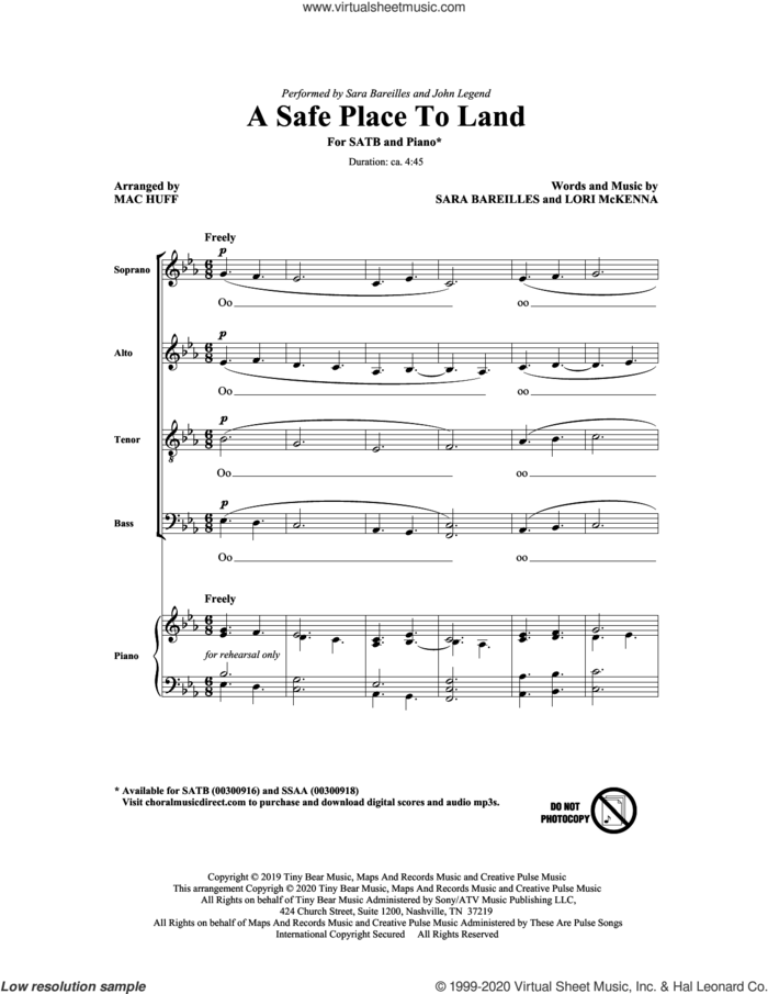 A Safe Place To Land (feat. John Legend) (arr. Mac Huff) sheet music for choir (SATB: soprano, alto, tenor, bass) by Sara Bareilles, Mac Huff, John Legend and Lori McKenna, intermediate skill level