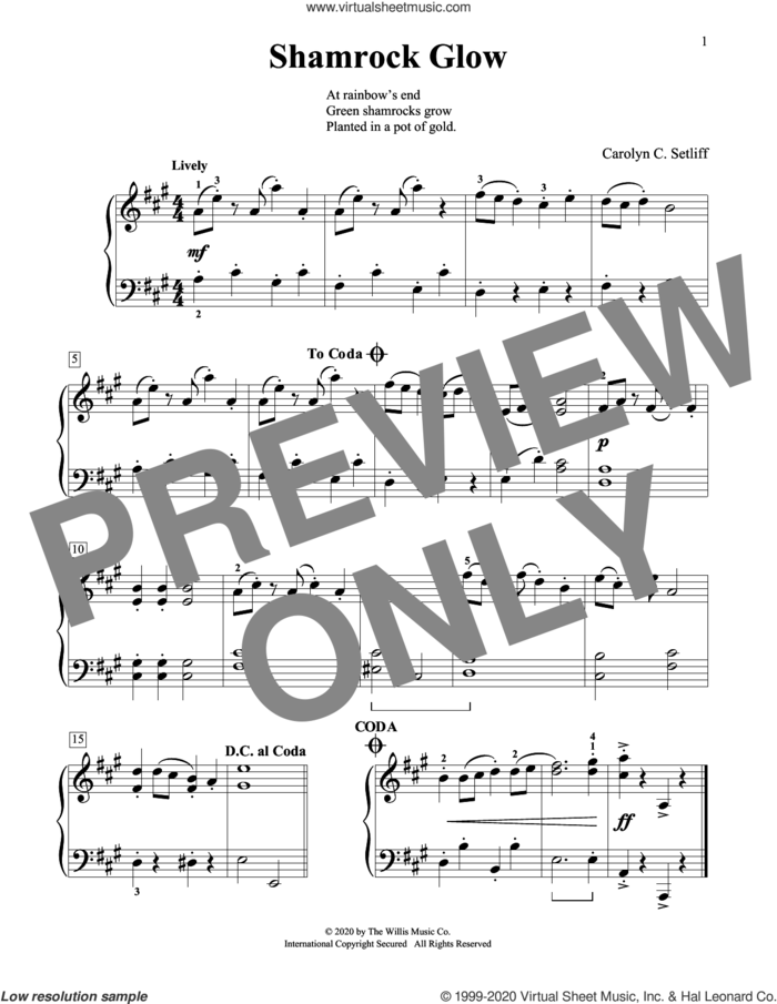 Shamrock Glow sheet music for piano solo (elementary) by Carolyn C. Setliff, beginner piano (elementary)