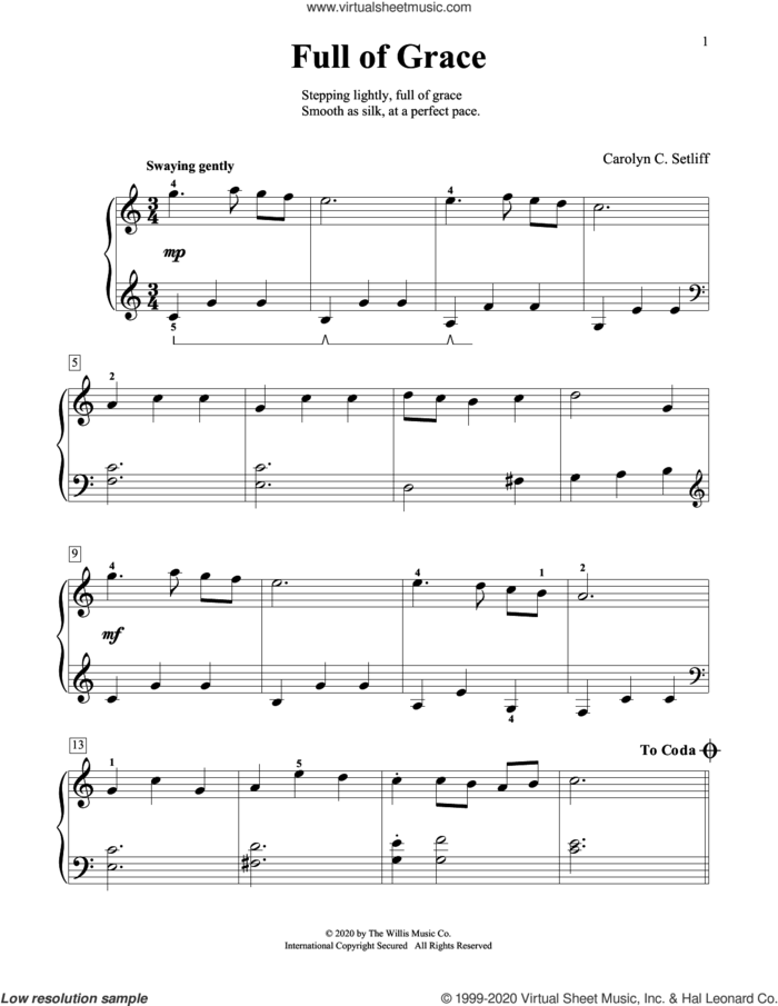 Full Of Grace sheet music for piano solo (elementary) by Carolyn C. Setliff, beginner piano (elementary)