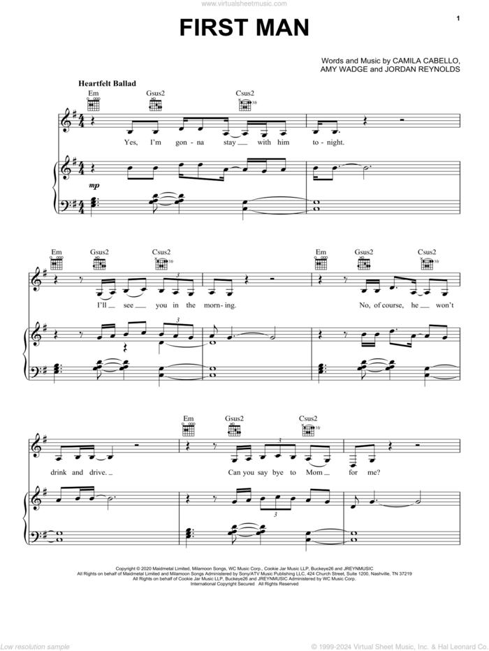First Man sheet music for voice, piano or guitar by Camila Cabello, Amy Wadge and Jordan Reynolds, intermediate skill level