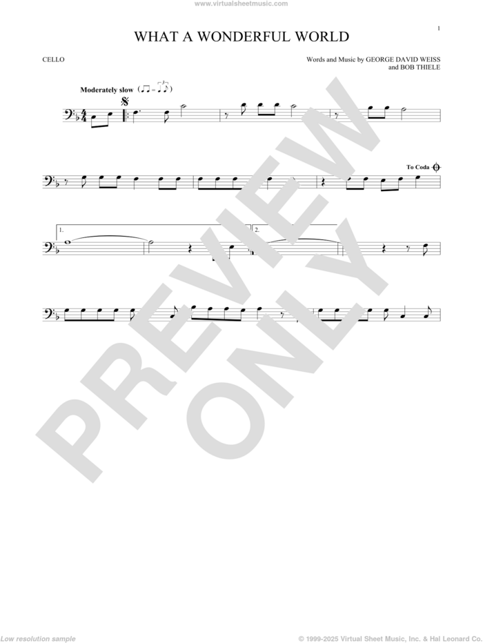 What A Wonderful World sheet music for cello solo by Louis Armstrong, Bob Thiele and George David Weiss, intermediate skill level