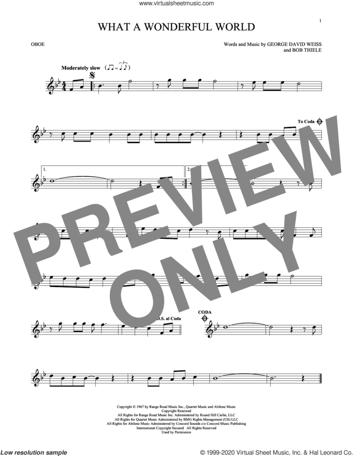 What A Wonderful World sheet music for oboe solo by Louis Armstrong, Bob Thiele and George David Weiss, intermediate skill level