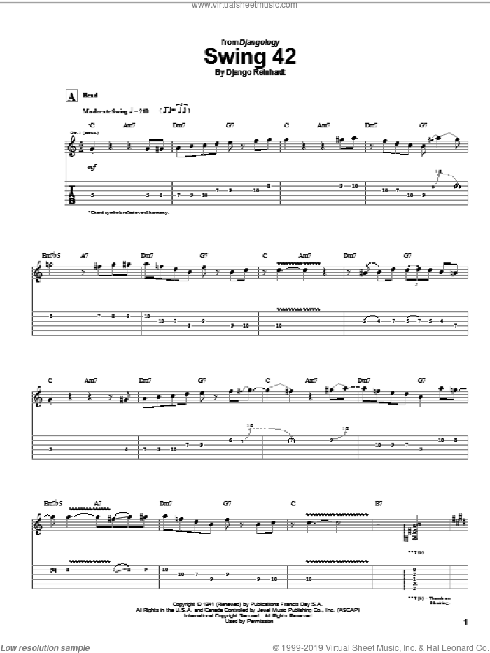 Swing 42 sheet music for guitar (tablature) by Django Reinhardt, intermediate skill level