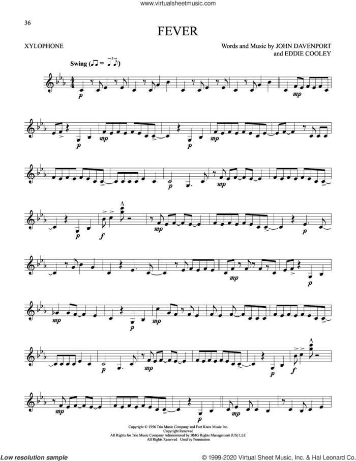 Fever sheet music for Xylophone Solo (xilofone, xilofono, silofono) by Peggy Lee, Eddie Cooley and John Davenport, intermediate skill level