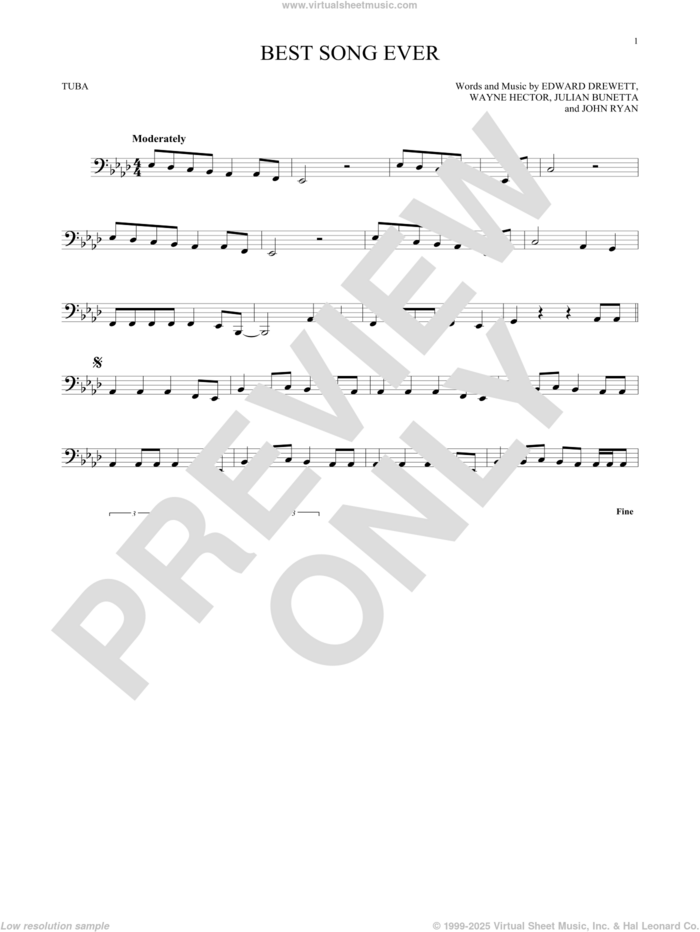 Best Song Ever sheet music for Tuba Solo (tuba) by One Direction, Edward Drewett, John Ryan, Julian Bunetta and Wayne Hector, intermediate skill level