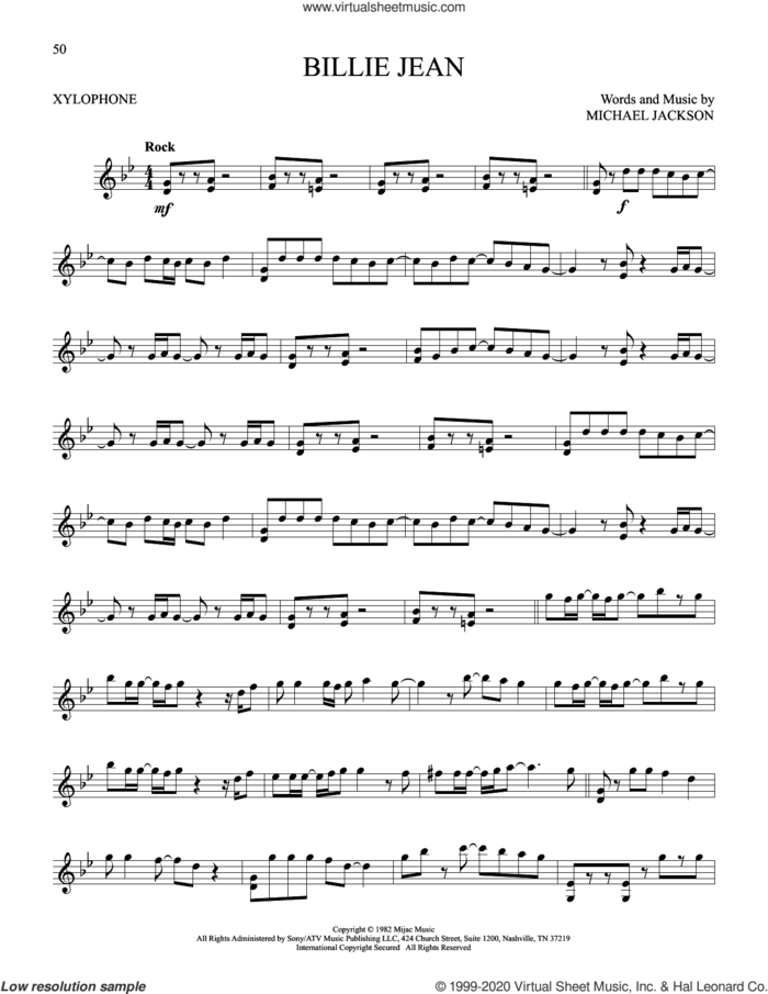 Billie Jean sheet music for Xylophone Solo (xilofone, xilofono, silofono) by Michael Jackson, intermediate skill level